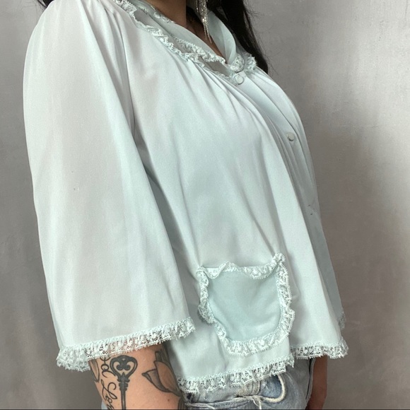 VINTAGE BABY BLUE NYLON EMBROIDERED BLOUSE - Picture 3 of 7